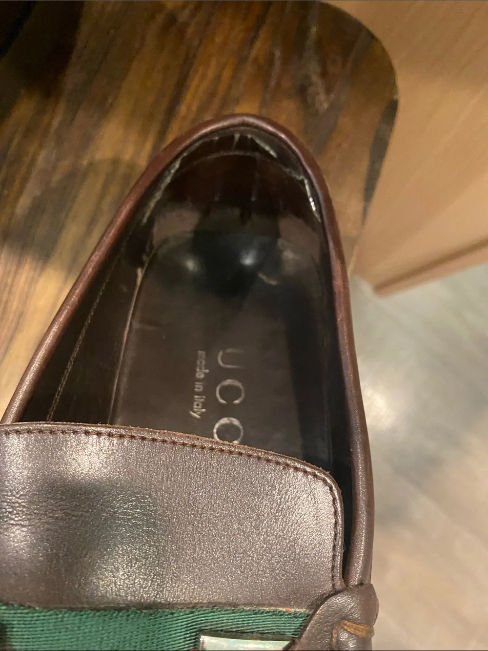 Gucci Brown Leather Loafers with Green-Red Web and Silver Bit